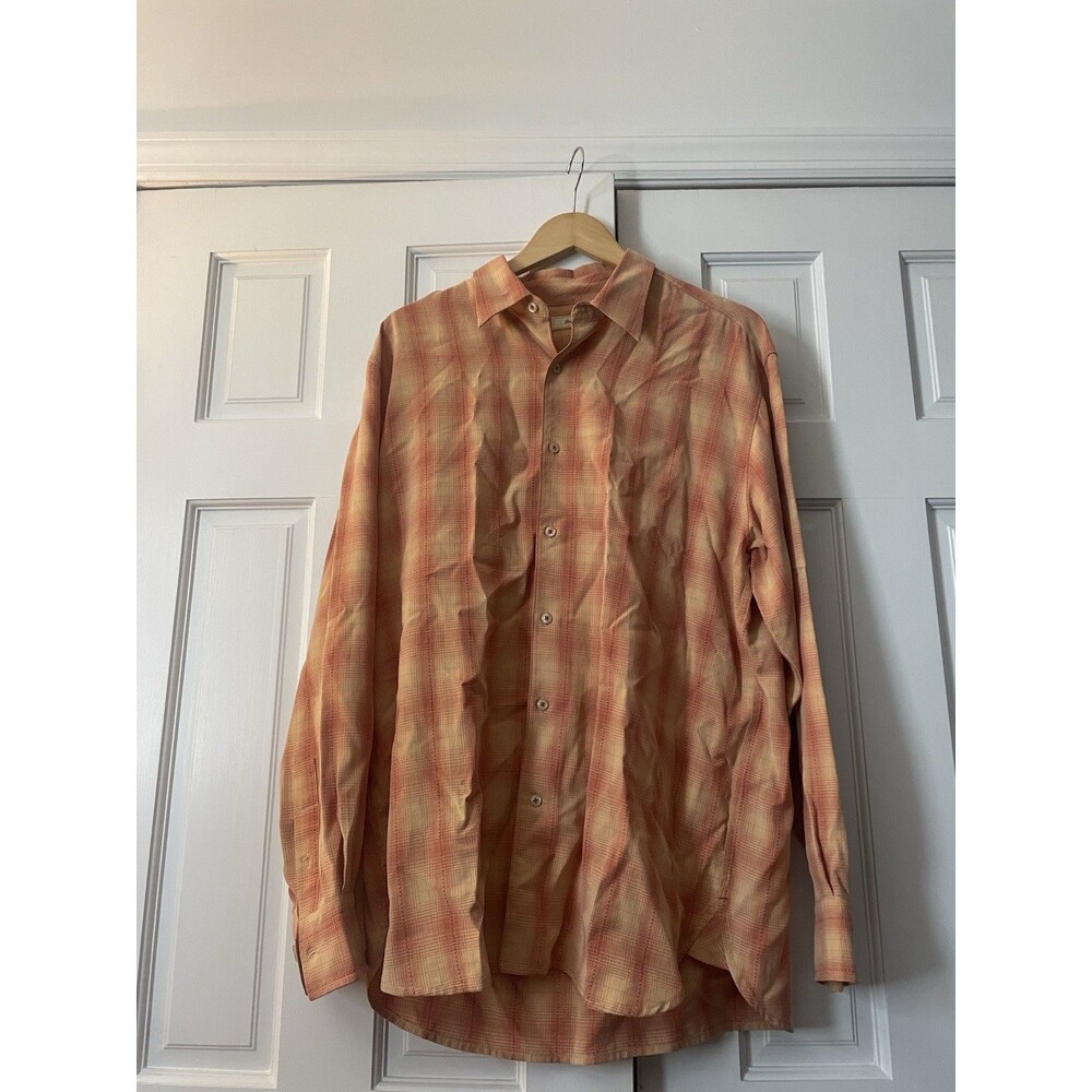 Tommy Bahama Men’s Large Long Sleeve Button Up Shirt Orange Plaid 100% Tencel L